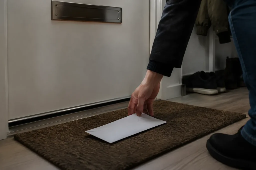 En hand plockar upp ett stängt kuvert från dörrmattan under brevinkastet i en lägenhetsdörr
