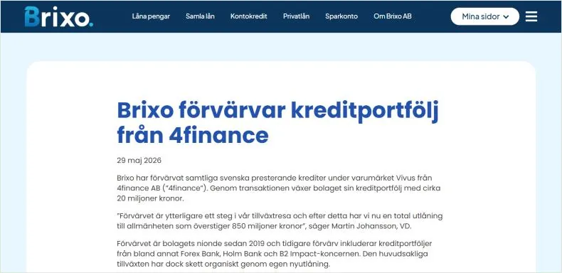 Skärmbild av Brixos nyhet Brixo förvärvar kreditportfölj från 4finance