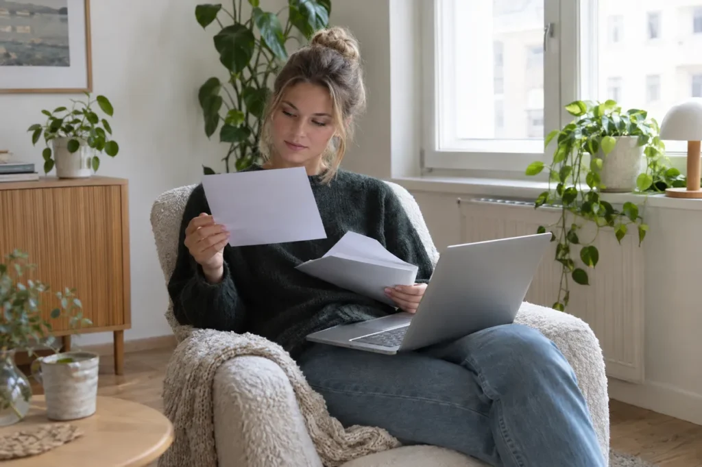 En ung kvinna i en fåtölj läser ett brev med en bärbar dator i knät