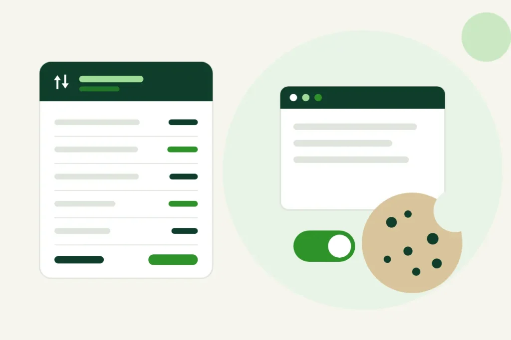 Illustration av ett webbläsarfönster, en kaka och ett reglage för cookieinställningar