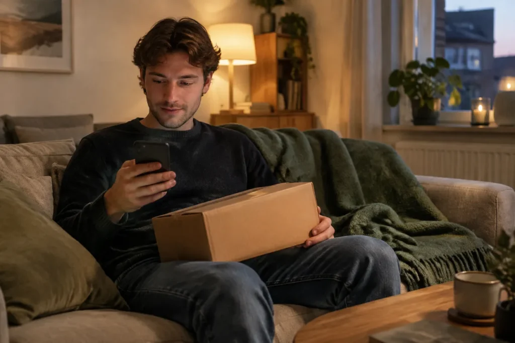 En ung man i soffan med ett oöppnat paket i knät och mobilen i handen