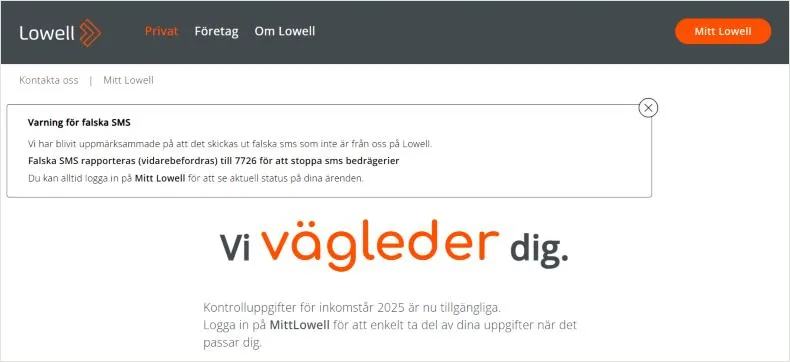 Skärmbild av lowell.se med en varning för falska sms i Lowells namn