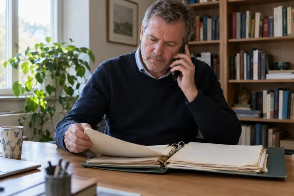 En man vid ett skrivbord bläddrar i en pärm med gamla papper och pratar i mobiltelefon