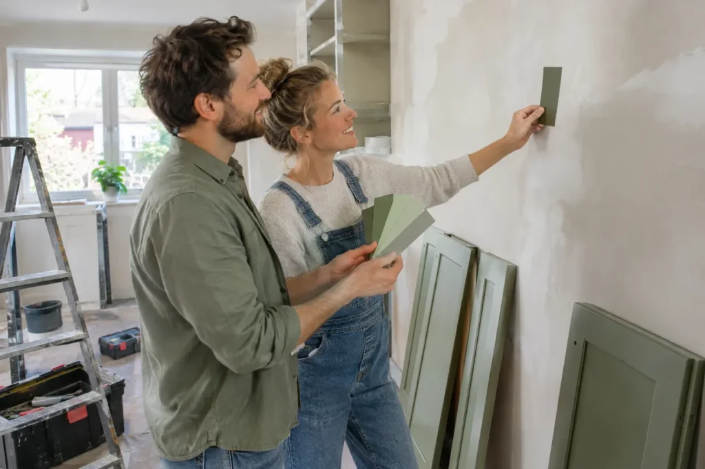 Ett par i ett kök under renovering håller upp gröna färgprover mot väggen