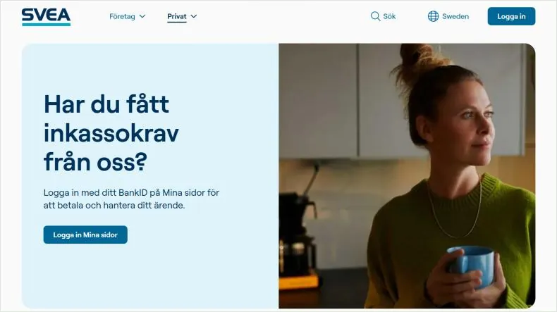 Skärmbild av Sveas sida Har du fått inkassokrav från oss med inloggning till Mina sidor