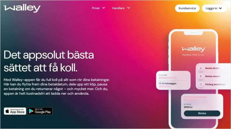 Skärmbild av walley.se som visar Walley-appen för betalningar